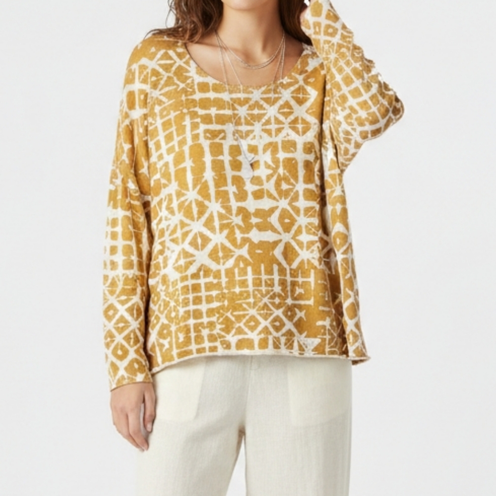 Garnet Hill Sweater Women's XL Mustard Geometric Print Silk Cotton Relaxed Fit